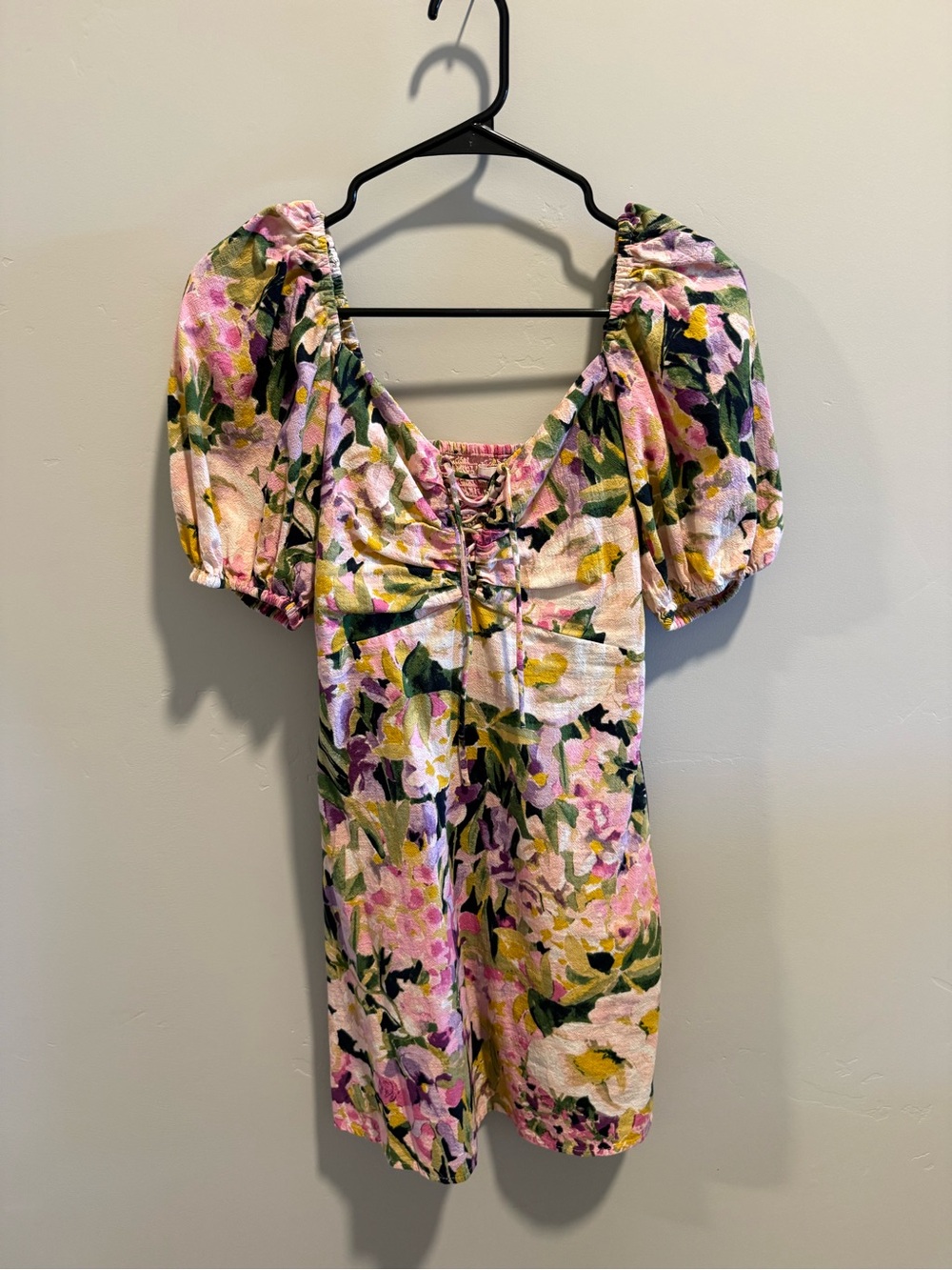 H&M Pink Floral Puff-Sleeve Mini Dress with Yellow & Green Accents